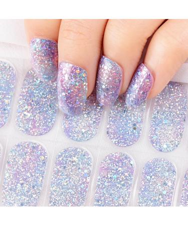 22 pcs Glitter Semi Cured Gel Nail Strips Blue Purple Glitter Nail Gel Polish Wraps Soft Self-Adhesive Nail Full Wraps Nail Strips Sticker Nail Tips Christmas Nail Wraps Sticker Decals Glitter Blue & Purple