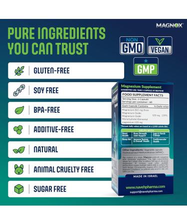 MAGNOX 520 - High Absorption 520mg Magnesium Supplement with Dead Sea Minerals for Sleep & Muscle Pain Relief - Vegan Kosher Halal Gluten-Free - 60 Caps - Buy Online on GoSupps.com