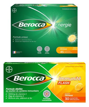 Berocca Selenium Flash Immunity Iron + Berocca Energy Orange Multivitamins and Minerals Vitamin C and D Zinc Food Supplement 30 + 45 cp effervescent Do not associate
