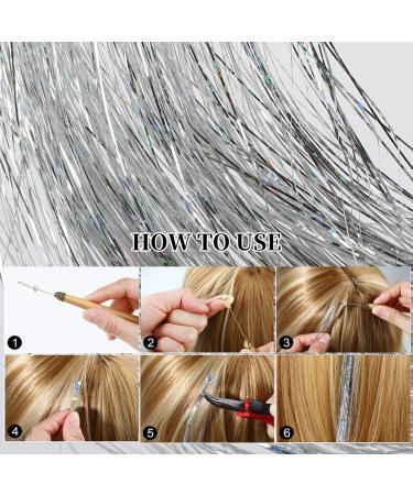 Sparkling 48 Inch Silver Hair Tinsel Extensions Kit - 600 Strands with Tools for Women & Girls - Heat Resistant Glitter Tinsel - Buy Online on GoSupps.com