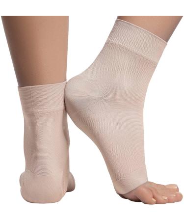 KEMFORD Ankle Compression Sleeve - 20-30mmhg Open Toe ompression Socks for Swelling Plantar Fasciitis Sprain Neuropathy - Nano Brace for Women and Men Beige Large 2-Pack