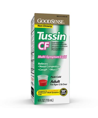 GoodSense Tussin Cough & Cold Wild Cherry Flavor Multi-Symptom Cold Medicine Relieves Cough Nasal Congestion and Chest Congestion 4 Fluid Ounces 4 Fl Oz (Pack of 1) CF