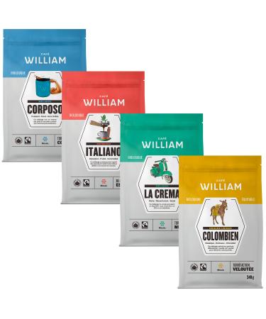 William Coffee | DISCOVERY BOX Ground Light to Dark Roast | Specialty GradeOrganic Coffee Certified Fair Trade Kosher Sustainably Roasted in Canada (DISCOVERY 340 g (4 bags)) DISCOVERY 85 g (Pack of 4)