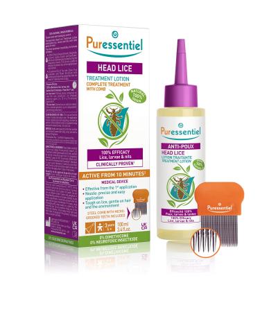 Puressentiel Head Lice Treatment Lotion & Head Lice Comb - Kills 100% Head Lice in Just 10 minutes - 100% Natural Formula - Easy To Apply Lotion 100ml - For kids & Adults - Cruelty Free