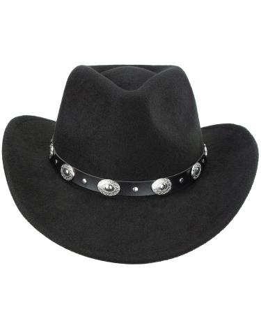 Black Cowboy Cowgirl Hat for Women Men Western Style Wide Brim Felt Fedora Panama Hat with Detachable Belt Buckle Black 7 1/4