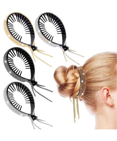 4 Pieces French Banana Comb Rhinestones Tassel Fishtail Hair Clip Wide Tort Toned Comb Long Hair Clips Flexible Ponytail Holder Clips Hair Styling Accessories for Women and Girls