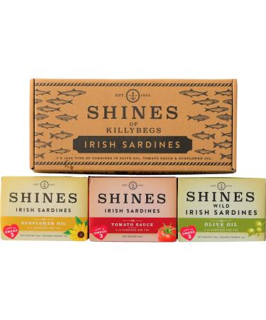 Pack of Shines Irish Tinned Sardines - 3 Flavours Tomato Sauce Olive Oil and Sunflower Oil - Pilchards - Low Carb and High Protein - Canned Fish High in Omega 3 - 3x 106g Cans