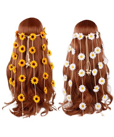RUIFUU 2Pcs Flower Headband Hippie Floral Crown Sunflower Hairband Bohemian Hair Bands Women Girls Flower Headdress Hair Accessories