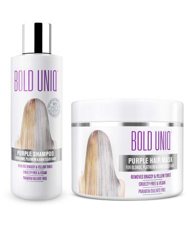 Bold Uniq Purple Shampoo & Mask Bundle. Eliminates Brassy Yellow tones. Lightens Blonde, Platinum, Ash, Silver & Grays. Paraben & Sulfate Free. Vegan & Cruelty Free.