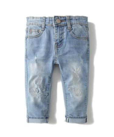 KIDSCOOL SPACE Baby Girl Boy Slim Jeans Little Kid Elastic Band Inside Ripped Denim Pants 18-24 Months Light Blue-2099