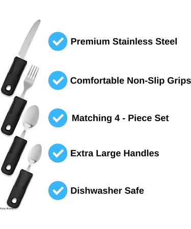 Adaptive Utensils 4-Piece Kitchen Set for Hand Tremors, Arthritis, Parkinson's and Elderly | Non-Weighted, Non-Slip Handles | Stainless Steel Knife, Fork, Spoons (Black) - Buy Online on GoSupps.com
