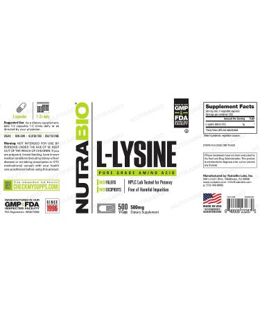 NutraBio L-Lysine (500mg) - 500 Vegetable Capsules - Pure Grade Amino Acid for Immune Support - Non-GMO, Gluten-Free, Vegan - Buy Online on GoSupps.com