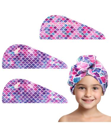 MADHOLLY Microfiber Hair Towel for Kids- Soft Super Absorbent Rapid Drying Hair Towel Wrap Turban for Girls Women with Button- Anti-Frizz for Thicker Curly Long Hair 3Pack Ginkgo Leaf