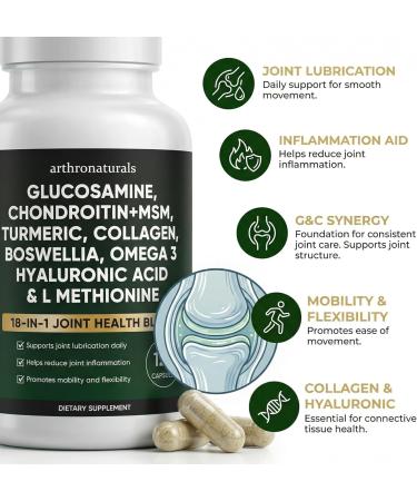 Arthronaturals 18 in 1 Joint Supplement with Glucosamine Chondroitin MSM Hyaluronic Acid Omega-3 and More for Provides Joint Support Improves Mobility & Long Term Health Vegan - 60 CPS (1) - Buy Online on GoSupps.com