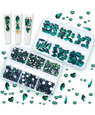 1060Pcs Emerald Green Nail Rhinestones Flatback Green Gems Crystals Glass Stones Round BeadsMulti Shapes Sizes Nail Rhinestones Charms for Nail DIY Crafts Clothes Shoes Jewelry S4