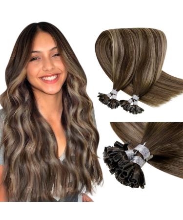 LAAVOO SONDAGE REAL HAY Extensions Braun Balayage U Tips Hair Extension Real Hair Bonding Brown Ombre Ash Blond Keratin Bondings Extensions Real hair 50g 1g/s #4/18/4 40 cm 1-31 u Tip #4/18/4