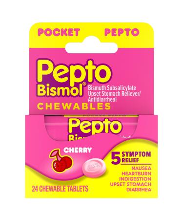Pepto Bismol Pocket Chewable Tablets for Nausea, Heartburn, Indigestion, Upset Stomach, and Diarrhea - 5 Symptom Fast Relief, Cherry Flavor 24 ct