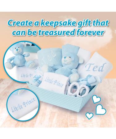 Baby Boy Personalised Gifts Set - 12 Essential Items for Newborn with 2 Customised Baby Gifts - Blue Baby Box Hamper - Buy Online on GoSupps.com
