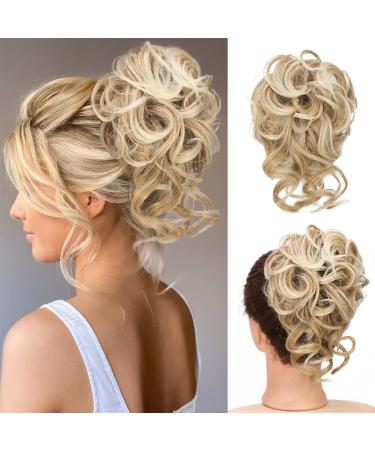 Earfodo Messy Bun Hair Piece  Messy Hair Bun Scrunchies for Women Tousled Updo Bun Synthetic Wavy Curly Chignon Ponytail Hairpiece for Daily Wear(27/613:Strawberry Blonde & Bleach Blond Mixed) CFQ-27/613