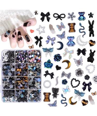 Mixed Style Fashion 3D Nail Art Charms Kit Resin Camellia Rose Flower Butterfly Bow Moon Heart Bear Snake Hollow Pearl with Rhinestones and Soft Slice (Black)