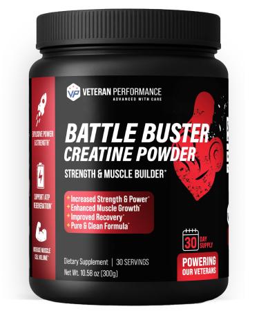 Veteran Performance Battle Buster Creatine Monohydrate Powder 100% Pure No Fillers Strength Power & Recovery Lab-Tested Quality 300g 30 Servings