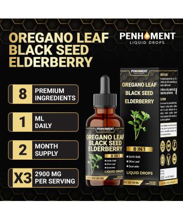Penhoment 8in1 2900mg Oil of Oregano Drops with Black Seed Oil Liquid | Contains Carvacrol | Garlic, Elderberry, Olive Leaf, Quercetin, Bromelain - 2 Fl Oz - Buy Online on GoSupps.com