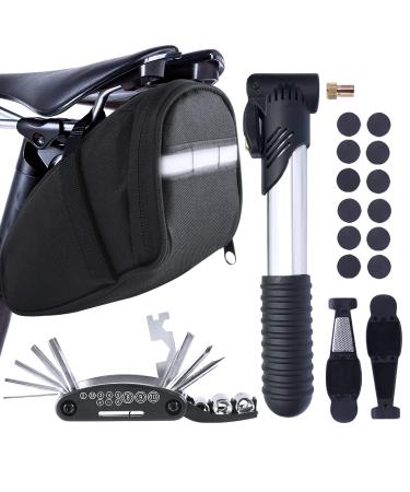 MASPODER Bike Repair Kit, Bike Tire Tool Kit with Mini Pump, Saddle Bag, Multitool Bicycle Accessories Set for Adult Bikes Road Mountain Bike MTB Black