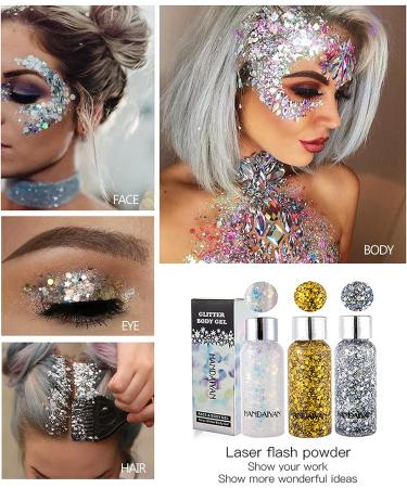 Gireatick Body Gel Glitter Set - Silver & Gold Holographic Chunky Glitter for Face, Body, Hair, Nails - 3 Boxes - Buy Online on GoSupps.com