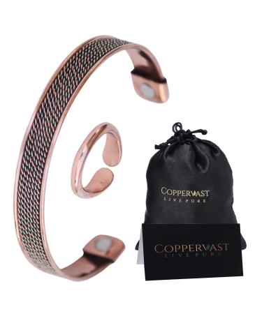 COPPERVAST Copper Bracelet and ring for Arthritis-Magnetic Therapy Effective & Natural Relief for Joint Pain and Carpal Tunnel for Men and Women(Chain Inlay)