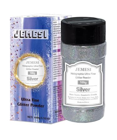 Glitzer Powder - Jemesi Silver Fine Glitter for Epoxy Resin Nail Art Body & DIY Decoration - 100g Holographic Glitter - Buy Online on GoSupps.com