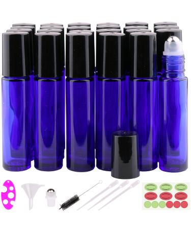 Inice Roller Bottles for Oils, 24 Count Roll On Ball Bottles for Essential Oils Cobalt Blue Glass 10ml with Big Stainless Steel Roller Balls