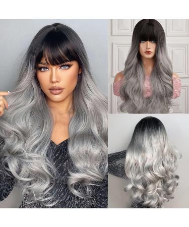 Testar 28 inch ombre gray wig for women black to gray Long wavy wigs with pony natural curly synthetic hair wigs for the daily party Use of women