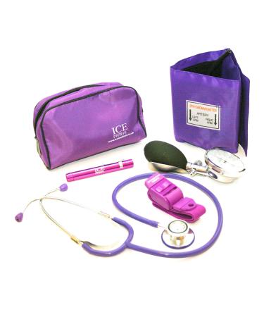 ICE Medical Purple Aneroid Blood Pressure Sphygmomanometer Monitor Stethoscope Pen Light (Pen Torch) and Tourniquet - GP Set