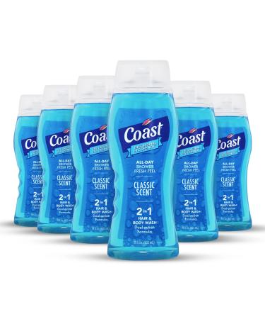 Coast 2-in-1 Hair and Body Wash Classic Scent - Men's Body Wash Shampoo & Conditioner - 6 Pack x 18 Fl Oz - Moisturizing & Refreshing Rich Lather for Energized And Clean Skin