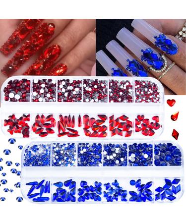 1720Pcs Red Blue Nail Rhinestones Crystals Glass Gems Stones Red Blue Round Beads Flatback Rhinestones Multi Shapes Sizes Nail Charms for Nail DIY Crafts Clothes Shoes Jewelry… S1