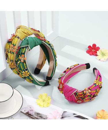 Crystal Wide Headbands - Set of 3 | Rhinestone Jewelry Knot Headband for Women | Vintage Beaded Flower Turban Headbands | Hair Accessories in Green, Rose Red, Yellow - Buy Online on GoSupps.com