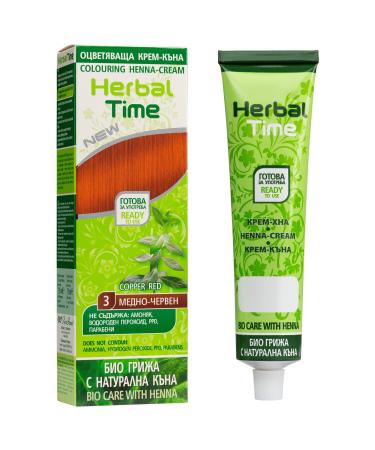 Herbal Time Henna Natural Cream Color Coppery Red N 3 | Henna Coloring Cream with Nettle Extract | Gray Hair Cover | Temporary Color Dye Cream | Ammonia Free Sulfates Free Parabens Free | 75 ml Coppery Red 3
