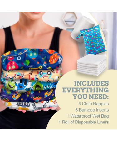 Reusable Cloth Nappies Set - Eco-Friendly & Chemical-Free Diapers with Inserts, Liner, Wet Bag - Cartoons Theme - 6 Pack - Buy Online on GoSupps.com
