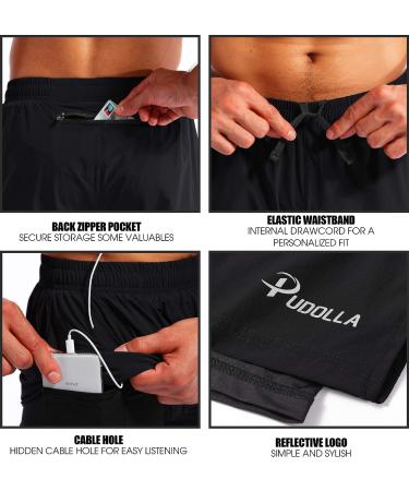 Pudolla Men's 2 in 1 Running Shorts - Quick Dry Athletic Workout Shorts with Phone Pockets | Black - Large - Buy Online on GoSupps.com