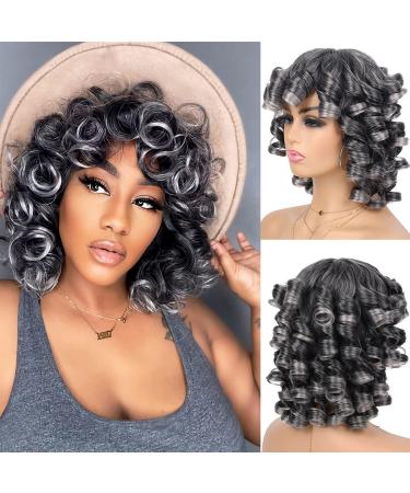 G&T Wig Grey Curly Wig with Bangs for Black Women Glueless Wear and Go Wig Afro Curly Synthetic Wigs Ombre Color Heat Resistant Short Curly Wigs Natural Looking Hair for Daily Party Use (1B/Grey)