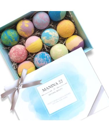 MANINA 22 Bath Bomb Gift Set - 12 Unique Premium Quality Moisturising Bath Bombs (80 g 2.8 oz 6 cm) with Natural Butters and Essential Oils in Luxury Gift Box - Handmade and Vegan/Cruelty Free