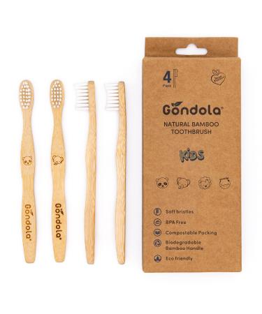 Gondola Kids Bamboo Toothbrushes Soft Bristles – Vegan Organic Eco Friendly Tooth Brush for Kids with Fun Animals Designs & Lightweight, Smooth Bamboo Handles – Zero Waste Packaging – 4 Pack