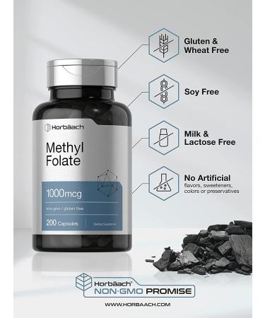 Methyl Folate 1000mcg 5-MTHF | 200 Capsules Folic Acid Supplement | Non-GMO Gluten Free | Horbaach - Buy Online on GoSupps.com