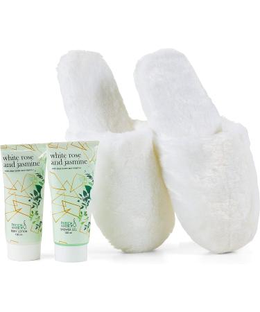 White Rose Jasmine Home Spa Slippers Set - Luxury Bath & Body Gift Basket for Women - Includes Body Lotion, Shower Gel, Plush Slippers - Perfect Holiday Gift - Buy Online on GoSupps.com