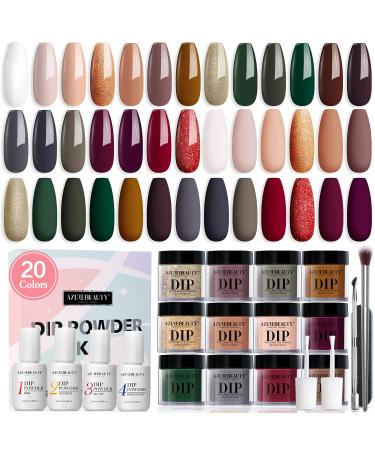 29 Pcs Dip Powder Nail Kit Starter  AZUREBEAUTY Saint Patricks Day Nude Green Glitter Red 20 Colors Dipping Powder Liquid Set with Top/Base Coat Activator for French Nail Art Manicure DIY Salon Gift