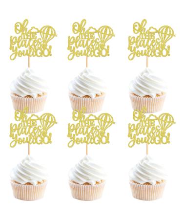 Ercadio 24 Pcs Hot Air Balloon Cupcake Toppers Gold Glitter Balloon Oh the Places You'll Go Cupcake Picks Balloon Cupcake for Hot Air Balloon Theme Birthday Baby Shower Party Decoration Gold Oh Gold