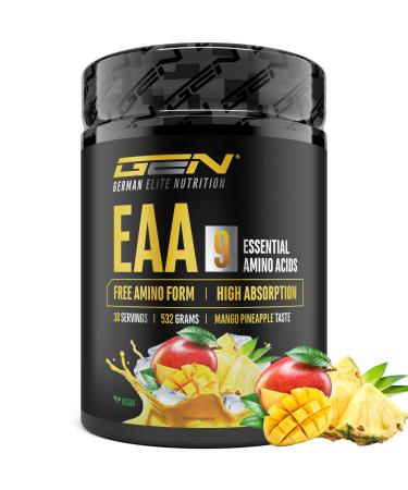 GEN GERMAN ELITE NUTRITION EAA Powder 532g (38 servings) - All 9 essential amino acids including histidine & BCAAs - Human Code formula - Vegan - Very good solubility - Refreshing amino acid drink (Mango Pineapple)