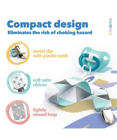 Liname Neutral Pacifier Clip with Teething Toy - 4 Pack Binky Holder Set for Boys & Girls - Mint Metal Clips - Baby Pacifier Holder and Teether Combo - Buy Online on GoSupps.com
