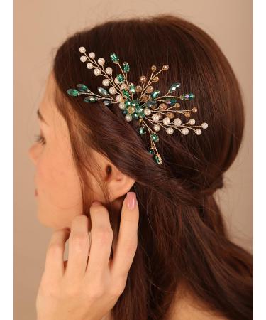 Deniferymakeup Green Crystal Emerald Gold Hair Comb for Wedding Brides Bridesmaid Hair Accessory for Women and Girls Ball Prom Party - Buy Online on GoSupps.com