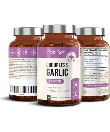 High Strength Odourless Garlic Capsules - 30,000mg - 180 Deodourised Softgels | Natural Allicin Supplement for Immune Support - Made in UK - Buy Online on GoSupps.com